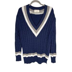 PUBLIC SCHOOL NEW YORK Women's Navy Cable Knit Varsity Sweater Medium